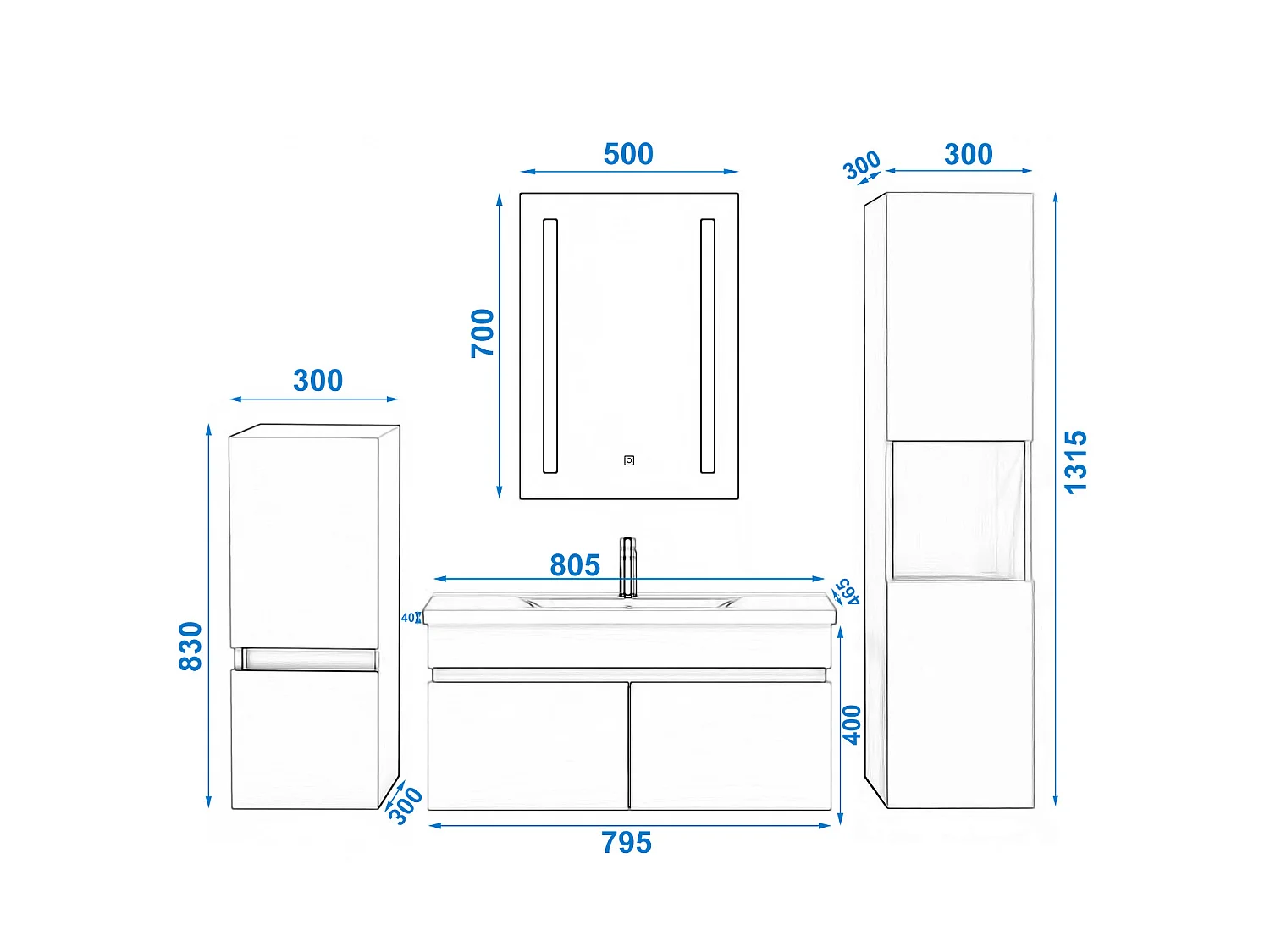 Ensemble muebles Salle De Bain 80cm vasque + colonnex2 + miroir LED Chêne Wotan - Aica