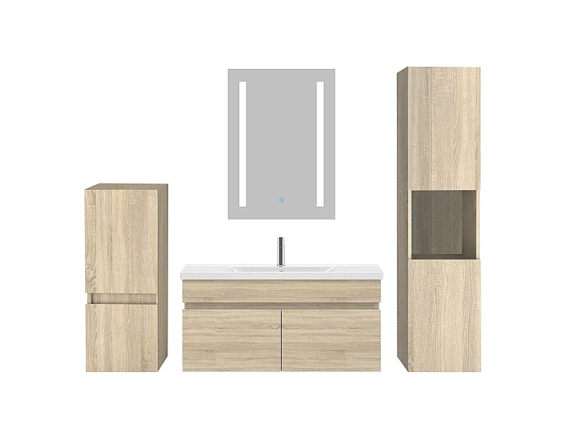 Ensemble muebles Salle De Bain 80cm vasque + colonnex2 + miroir LED Chêne Wotan - Aica