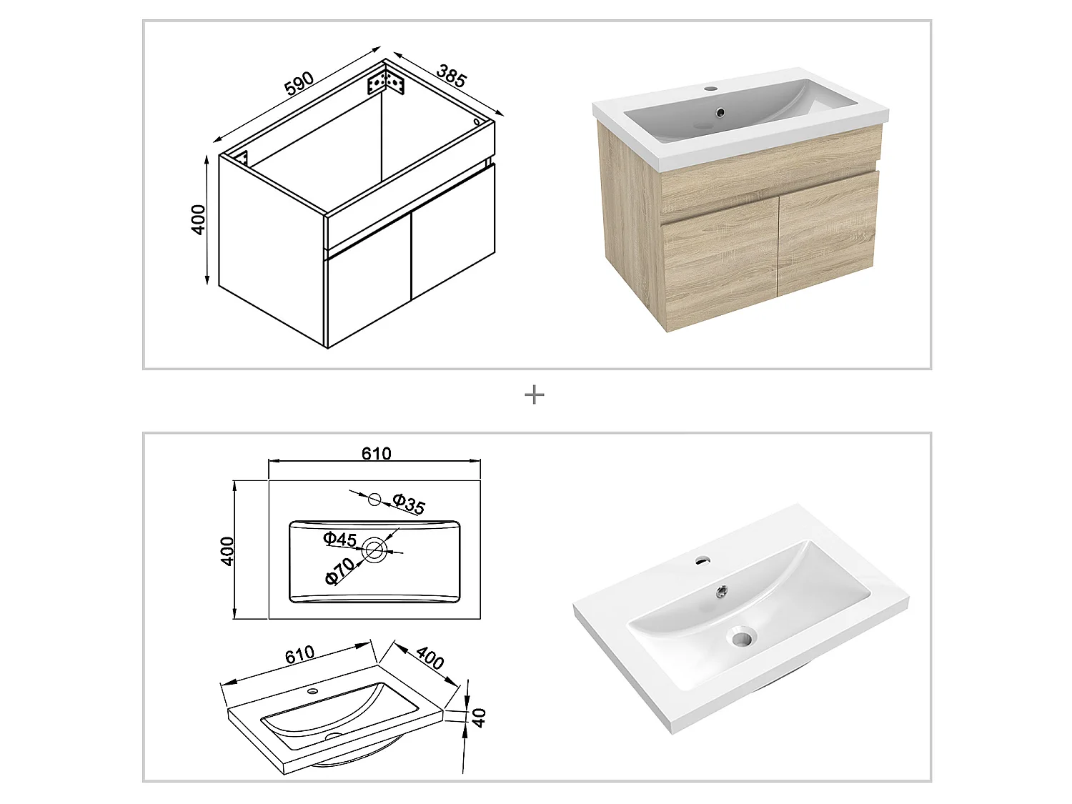 Ensemble muebles Salle De Bain 60cm simple vasque + colonne + miroir Chêne Wotan - Aica