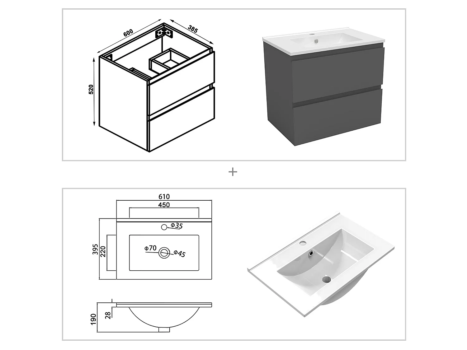 Ensemble muebles Salle De Bain 60cm Anthracite meuble avec colonne vasque ceramique - Aica