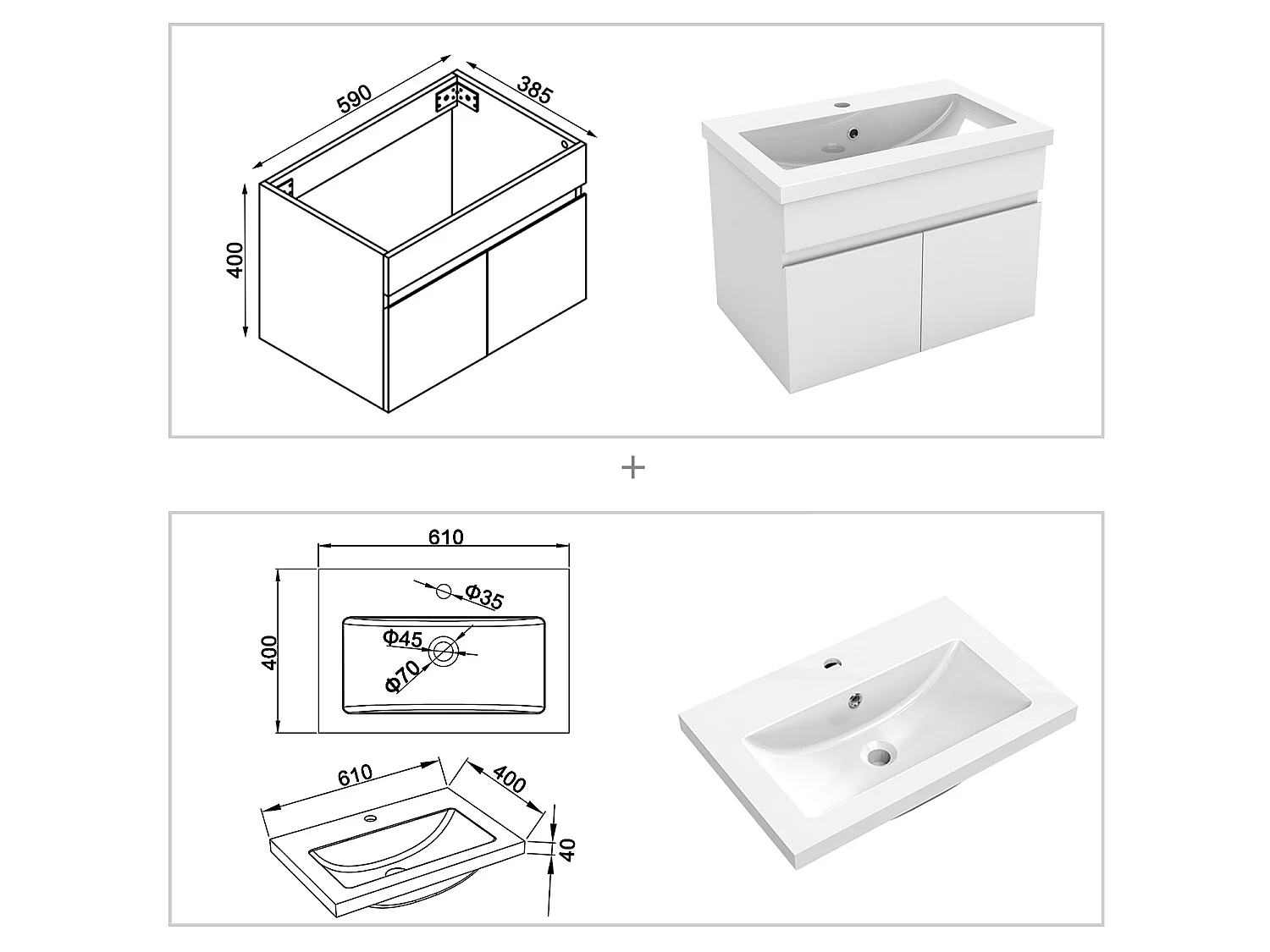 Ensemble muebles Salle De Bain 60cm simple vasque + colonne + miroir Blanc - Aica
