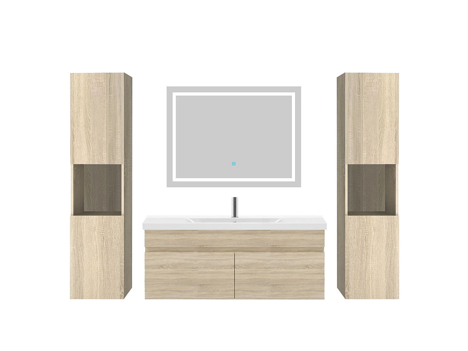 Ensemble muebles Salle De Bain 100cm simple vasque + colonne + miroir LED Chêne Wotan 5pcs - Aica