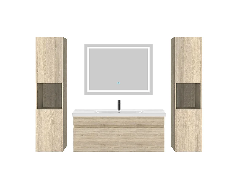 Ensemble muebles Salle De Bain 100cm simple vasque + colonne + miroir LED Chêne Wotan 5pcs - Aica