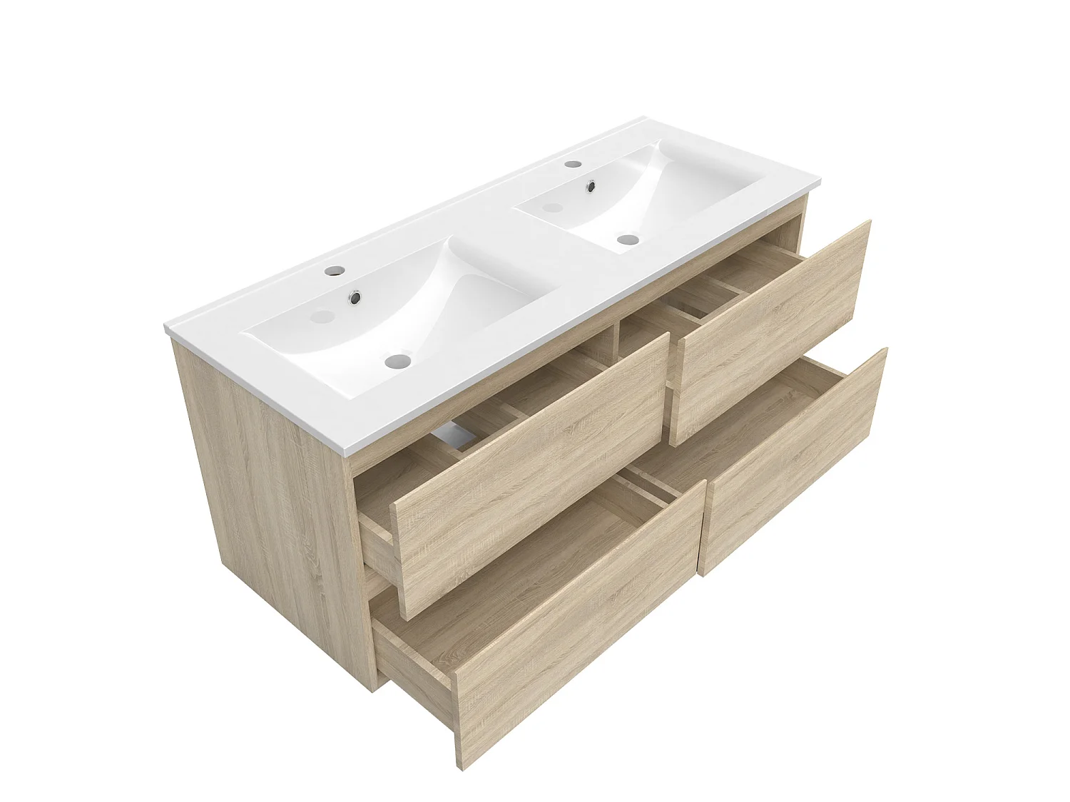 Ensemble muebles Salle De Bain 120cm 4 tiroirs double vasque + colonne + miroir LED Chêne Wotan 5pcs - Aica