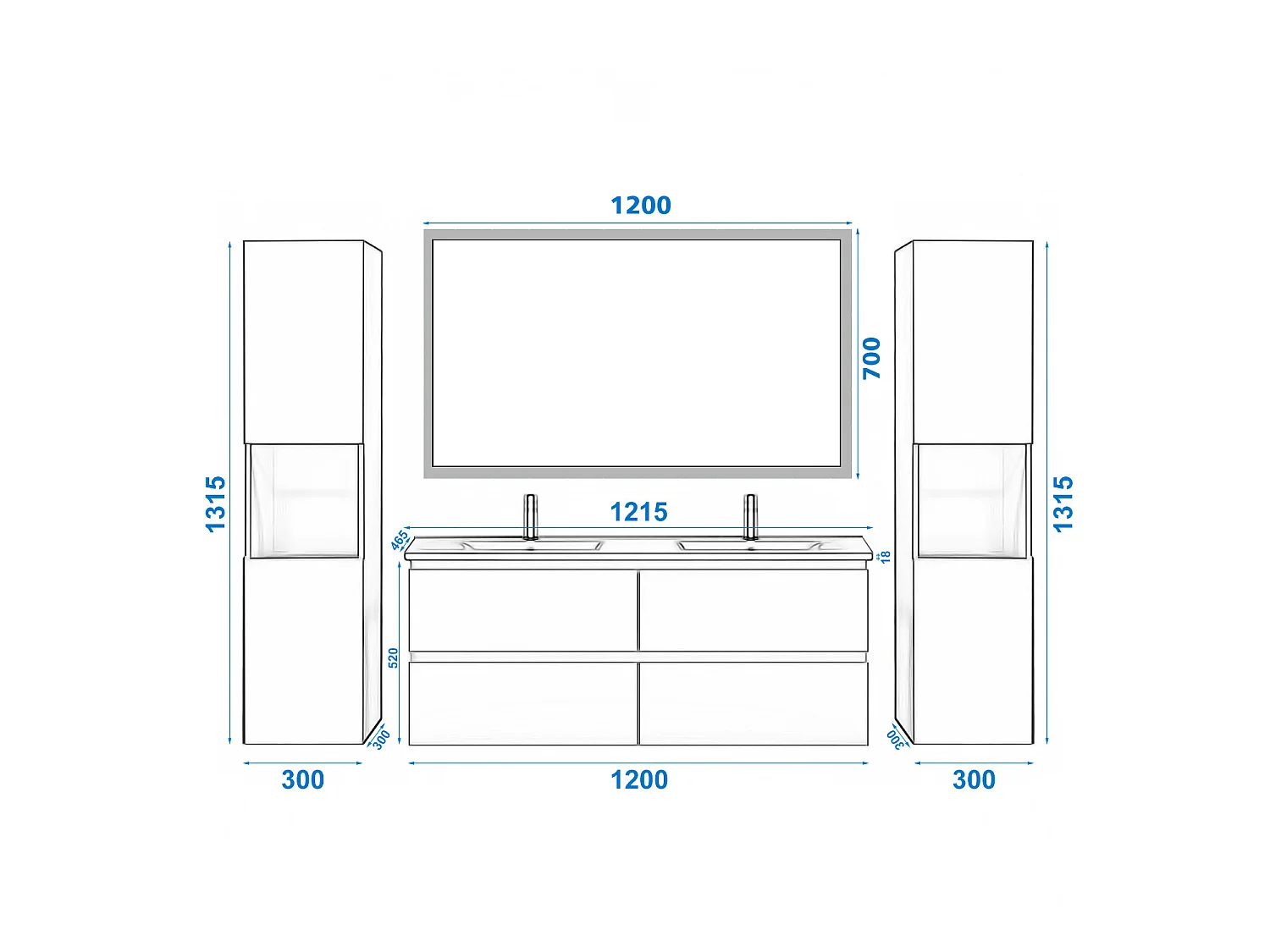 Ensemble muebles Salle De Bain 120cm 4 tiroirs double vasque + colonne + miroir LED Chêne Wotan 5pcs - Aica