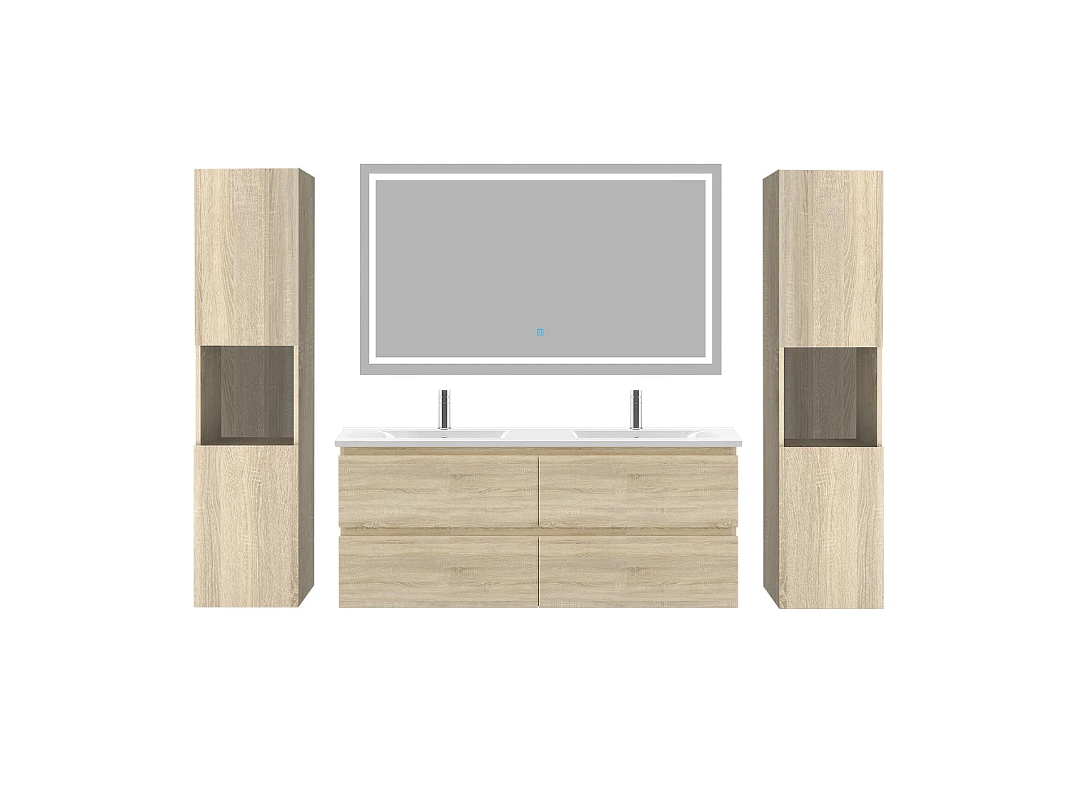 Ensemble muebles Salle De Bain 120cm 4 tiroirs double vasque + colonne + miroir LED Chêne Wotan 5pcs - Aica