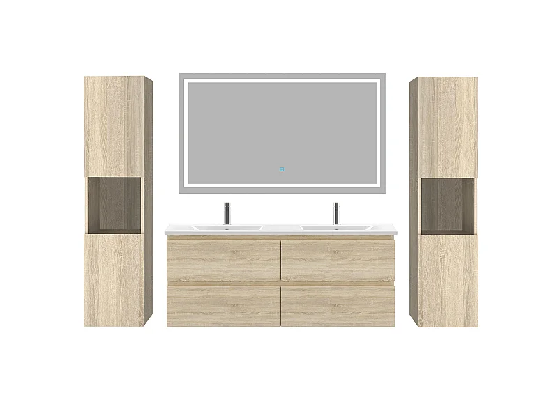 Ensemble muebles Salle De Bain 120cm 4 tiroirs double vasque + colonne + miroir LED Chêne Wotan 5pcs - Aica
