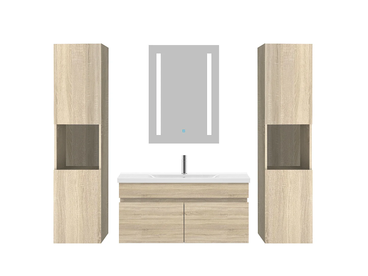Ensemble muebles Salle De Bain 80cm simple vasque + colonne + miroir LED Chêne Wotan 5pcs - Aica