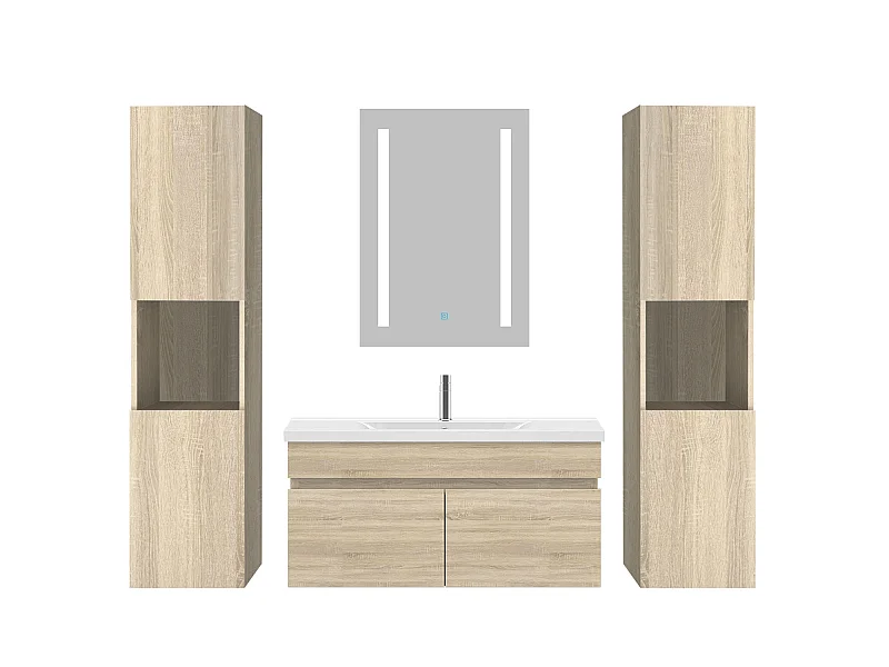 Ensemble muebles Salle De Bain 80cm simple vasque + colonne + miroir LED Chêne Wotan 5pcs - Aica