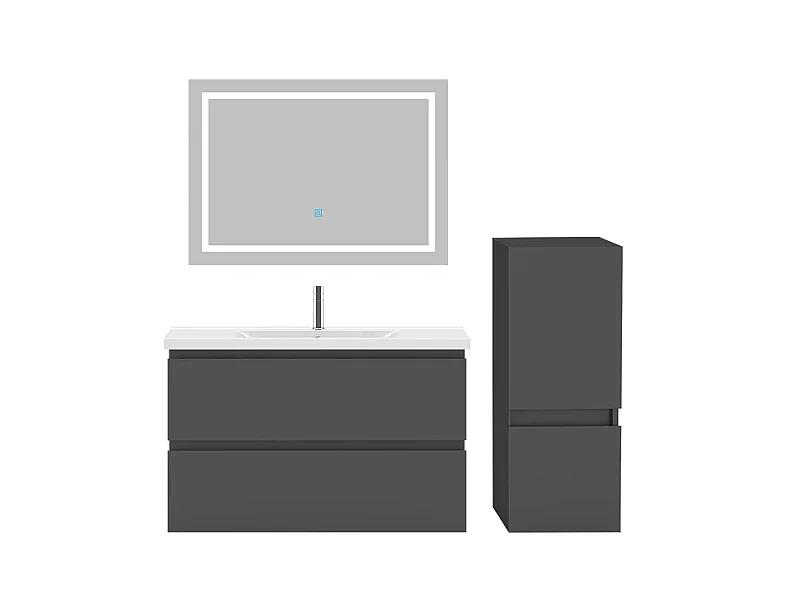 Ensemble muebles Salle De Bain 80cm vasque et colonne et miroir LED Anthracite 4pcs - Aica