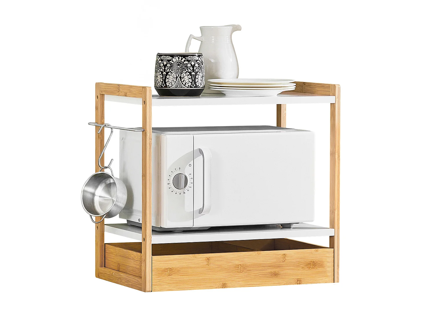 SoBuy KCR07-WN Étagère Micro Ondes, Support de Four Micro-Onde Amovible Rangement de Cuisine avec 2 étagères, 1 Tiroir et 1 Porte-torchon