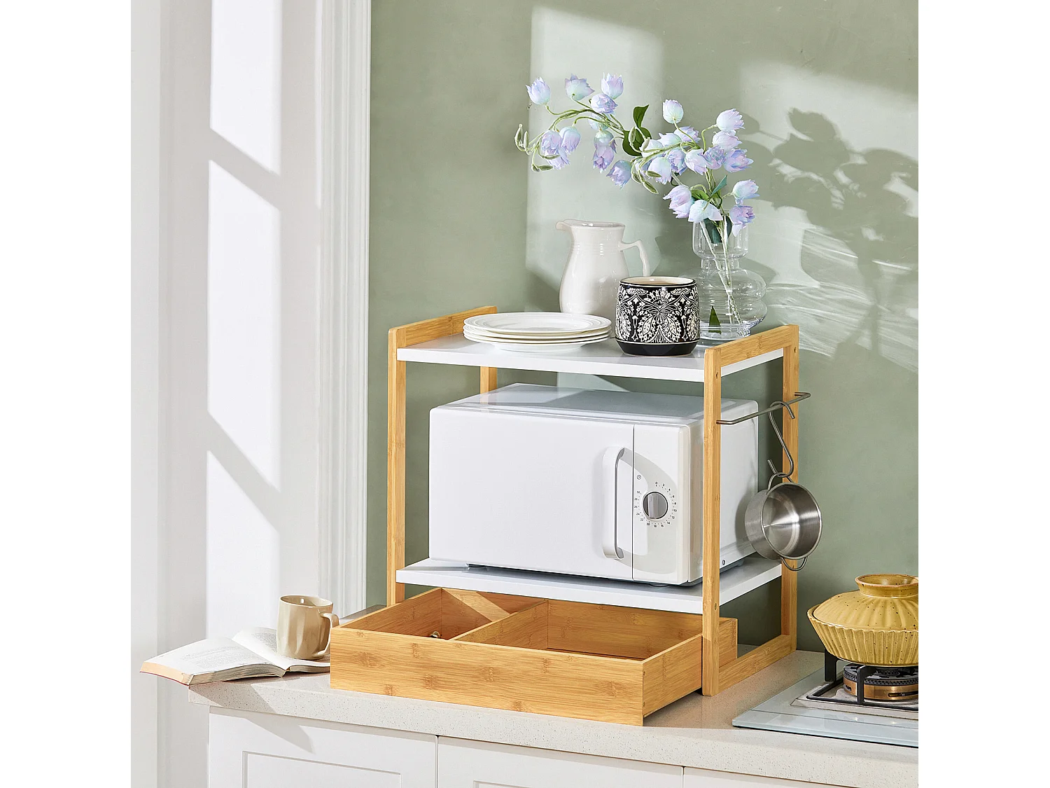 SoBuy KCR07-WN Étagère Micro Ondes, Support de Four Micro-Onde Amovible Rangement de Cuisine avec 2 étagères, 1 Tiroir et 1 Porte-torchon