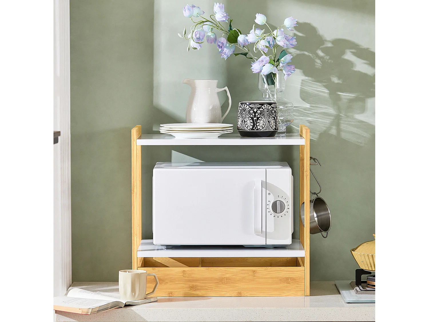 SoBuy KCR07-WN Étagère Micro Ondes, Support de Four Micro-Onde Amovible Rangement de Cuisine avec 2 étagères, 1 Tiroir et 1 Porte-torchon