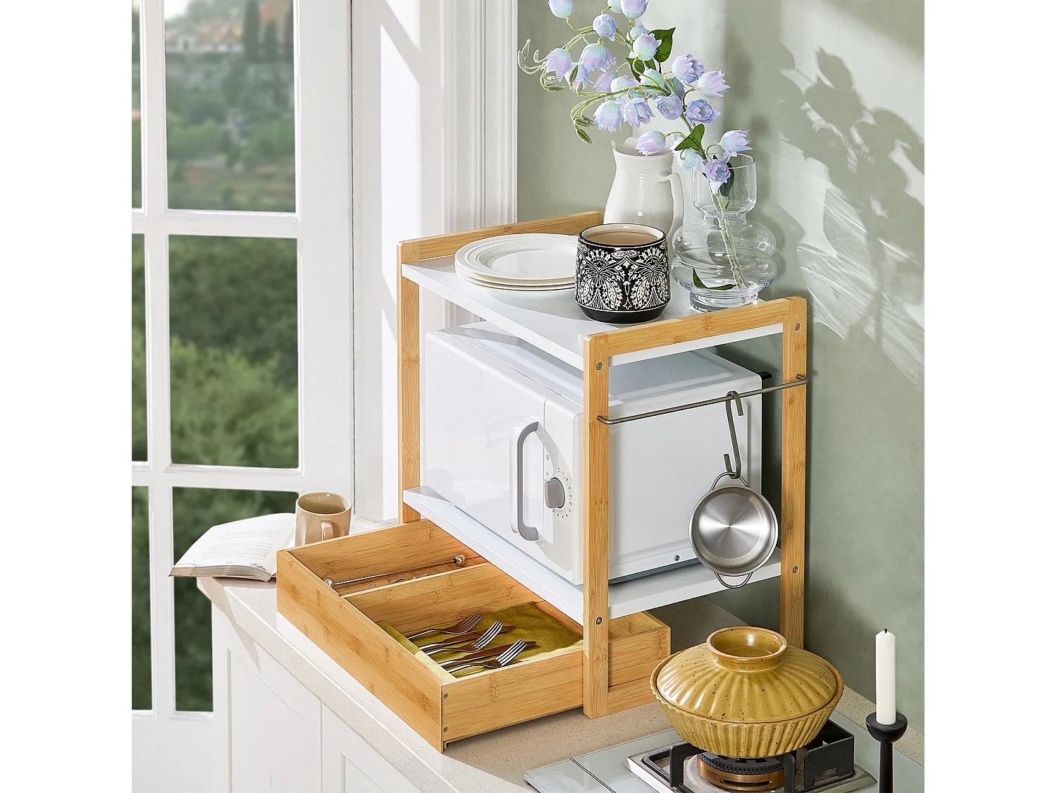 SoBuy KCR07-WN Étagère Micro Ondes, Support de Four Micro-Onde Amovible Rangement de Cuisine avec 2 étagères, 1 Tiroir et 1 Porte-torchon
