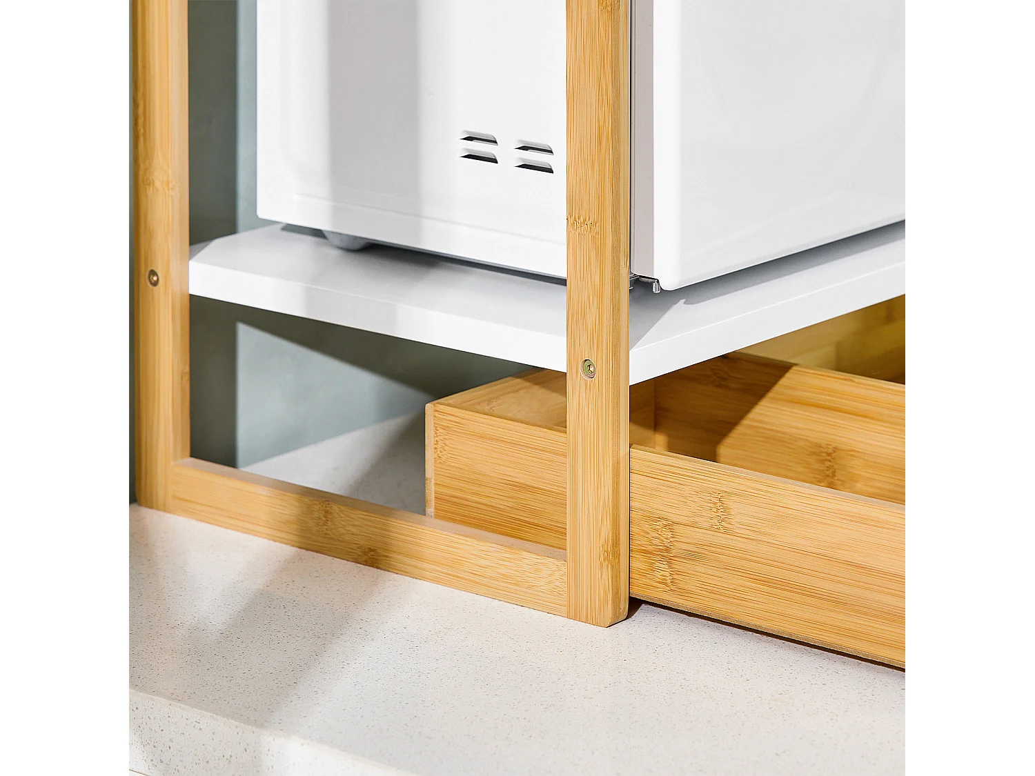 SoBuy KCR07-WN Étagère Micro Ondes, Support de Four Micro-Onde Amovible Rangement de Cuisine avec 2 étagères, 1 Tiroir et 1 Porte-torchon