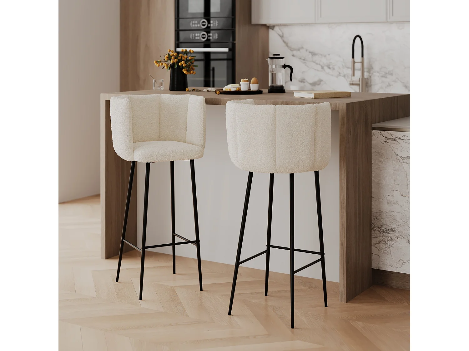 Lot de 2 chaises de bar en tissu bouclé beige 75 cm - Rosy