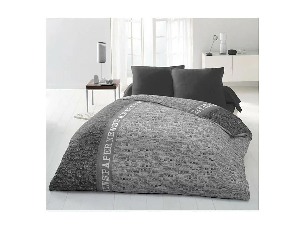 Parure de couette Microfibre NEWSPAPER - 1 housse de couette 220x240 cm + 2 taies 63x63 cm - Gris