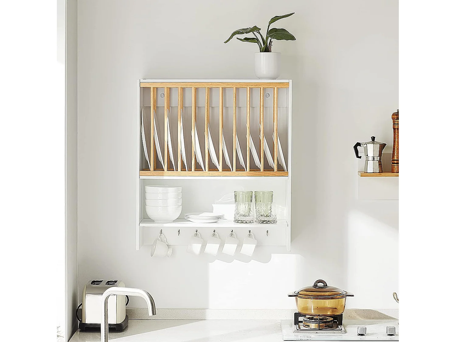 SoBuy KCR09-W Porte-Assiettes Murale Meuble de Rangement d'Assiettes Mural Etagère à Epices Etagere  - avec 1 étagère supplémentaire et 7 Crochets