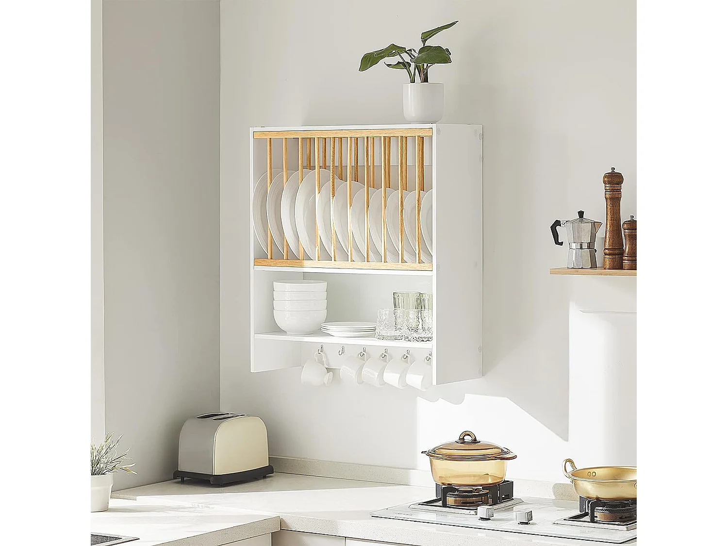 SoBuy KCR09-W Porte-Assiettes Murale Meuble de Rangement d'Assiettes Mural Etagère à Epices Etagere  - avec 1 étagère supplémentaire et 7 Crochets