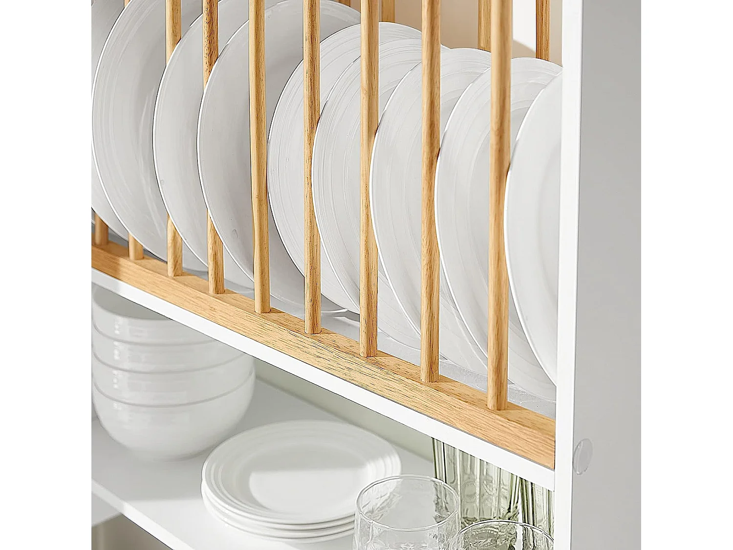 SoBuy KCR09-W Porte-Assiettes Murale Meuble de Rangement d'Assiettes Mural Etagère à Epices Etagere  - avec 1 étagère supplémentaire et 7 Crochets