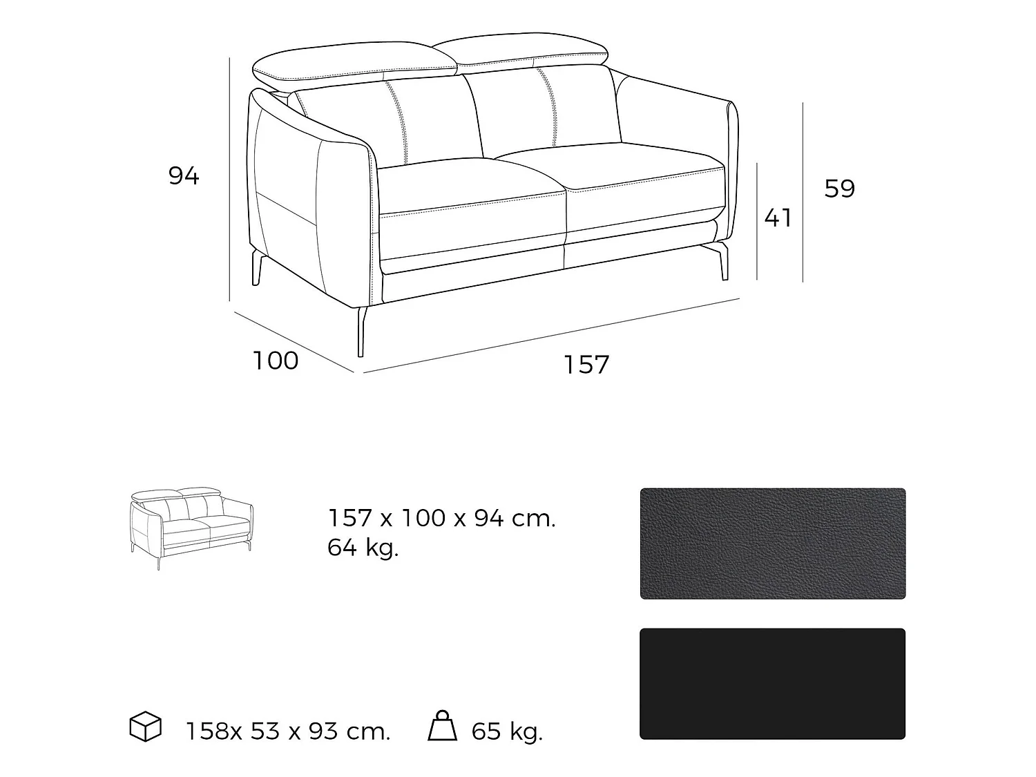 Canapé 2 places rembourré en cuir pieds acier appui-tête à 5 positions