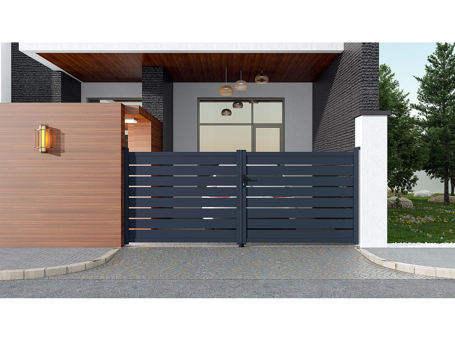 Portail électrique battant aluminium ajouré L397 x H166 cm anthracite - PRIMO