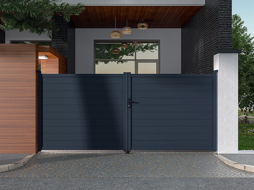 Portail électrique battant aluminium plein L397 x H181 cm anthracite - NAZARIO
