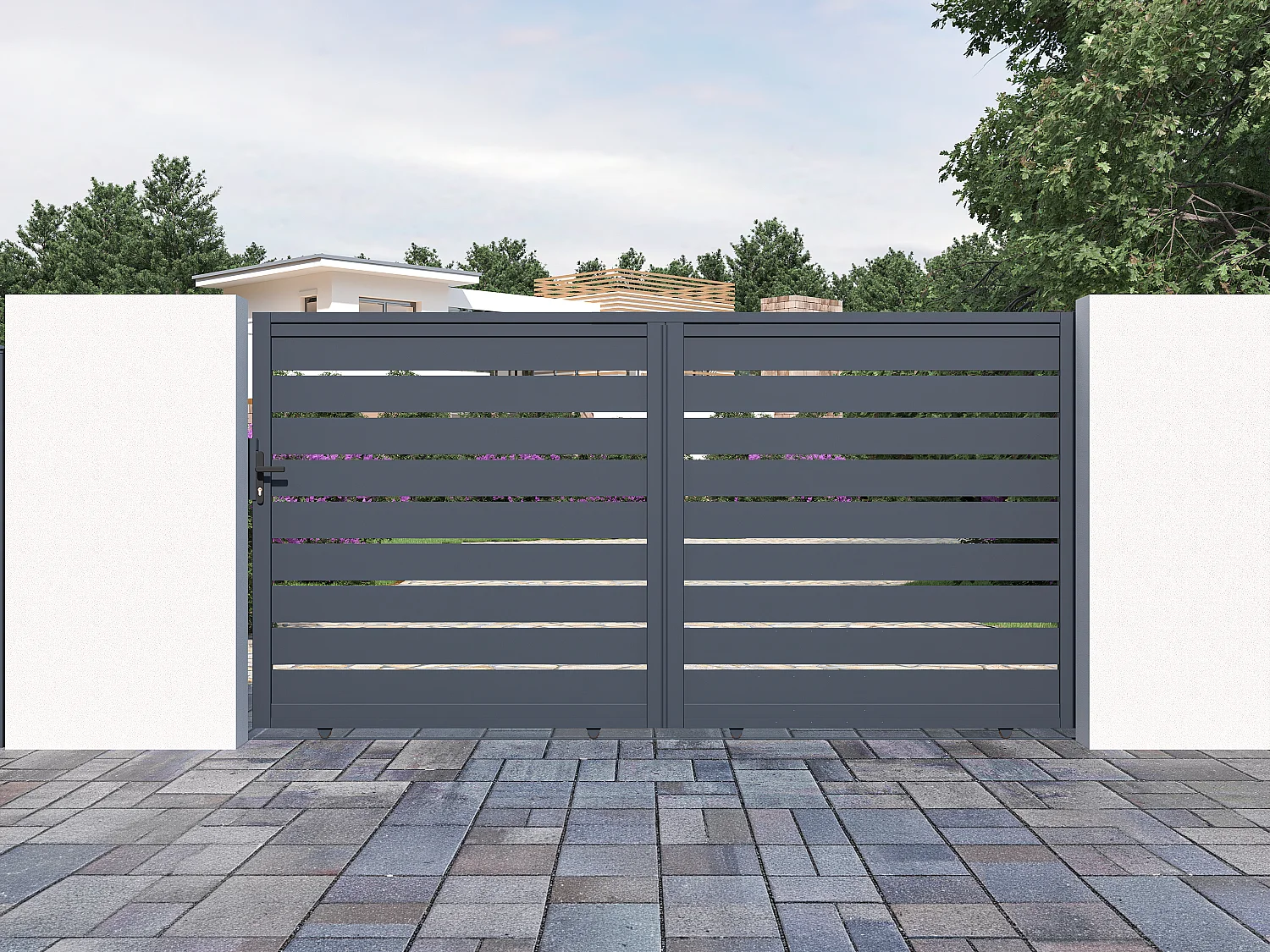 Gartentor Schiebetor mit Torantrieb - 374 x 183 cm - durchbrochen - Aluminium - Anthrazit - PRIMO