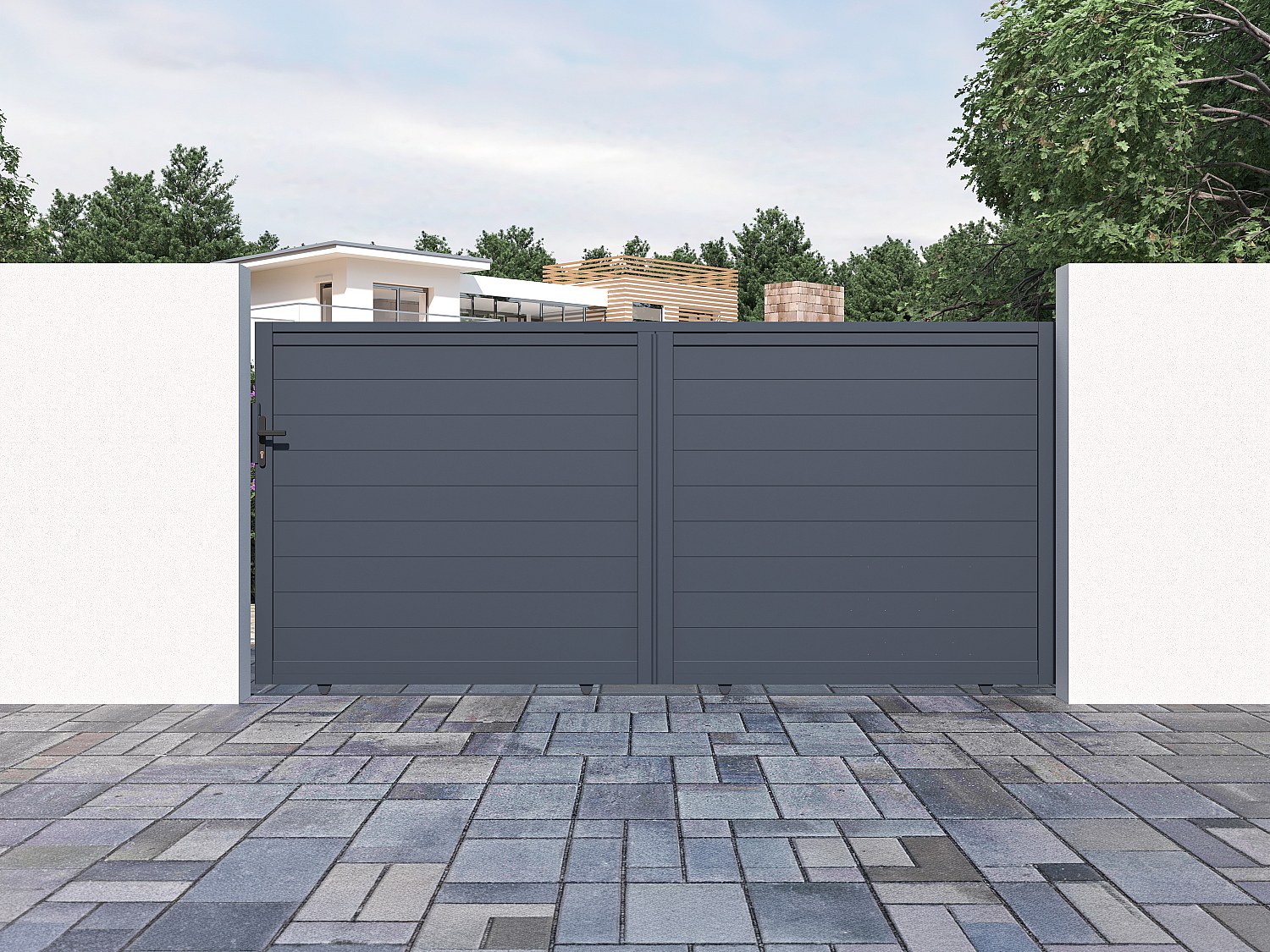 Vente-unique Gartentor Schiebetor Mit Torantrieb - 374 X 165 Cm - Voll - Aluminium - Anthrazit - Nazario
