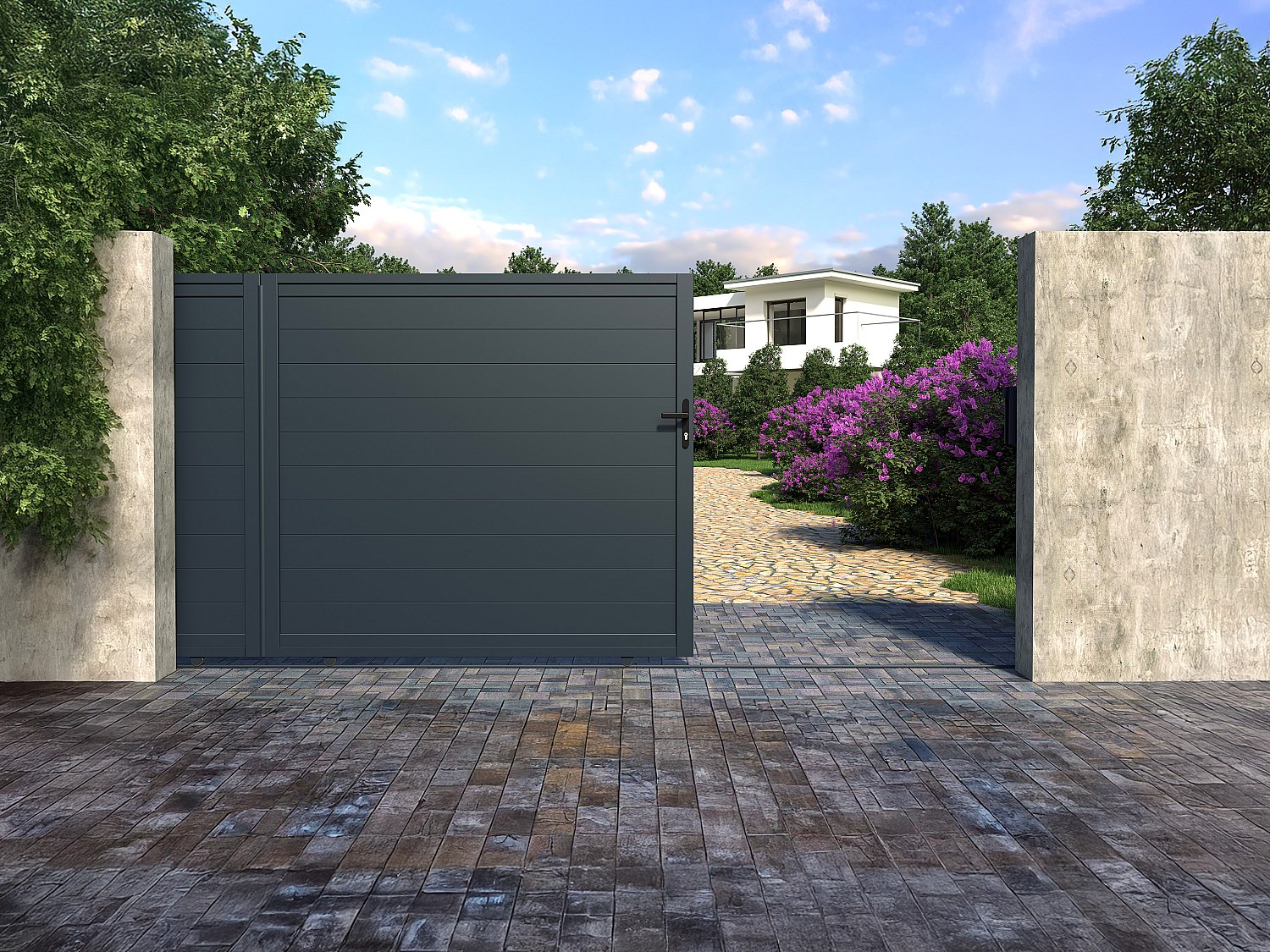 Vente-unique Gartentor Schiebetor Mit Torantrieb - 416 X 180 Cm - Voll - Aluminium - Anthrazit - Nazario