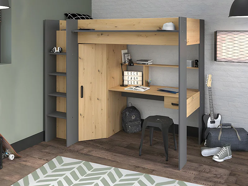 Lit mezzanine avec bureau et armoire - 90 x 200 cm - Coloris : Naturel et anthracite - AUCKLAND