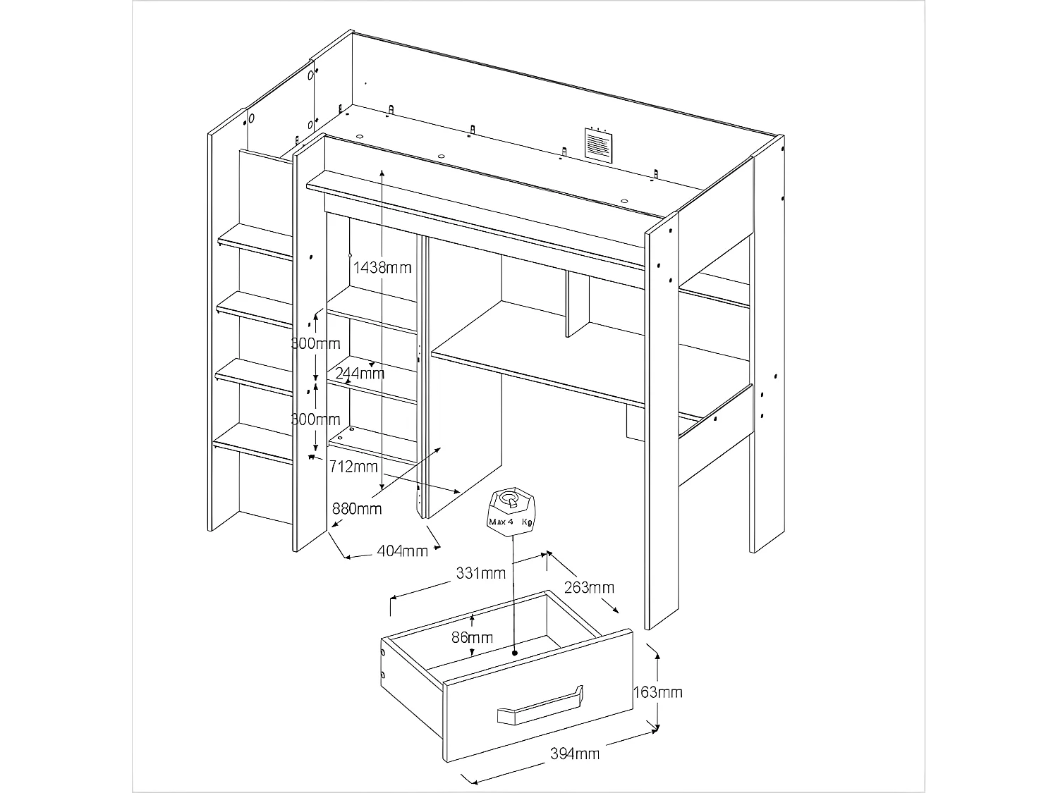 Hoogslaper met bureau en kast - 90x200cm - Naturel en antraciet - AUCKLAND