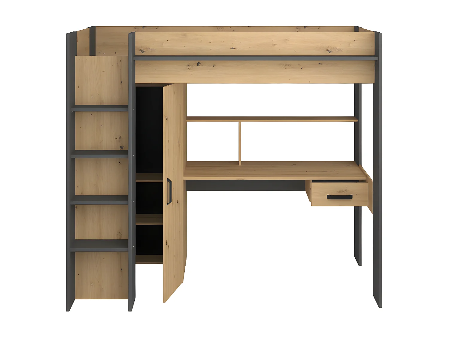 Łóżko z antresolą  z biurkiem i szafą – 90 × 200 cm – kolor naturalny i antracytowy - AUCKLAND