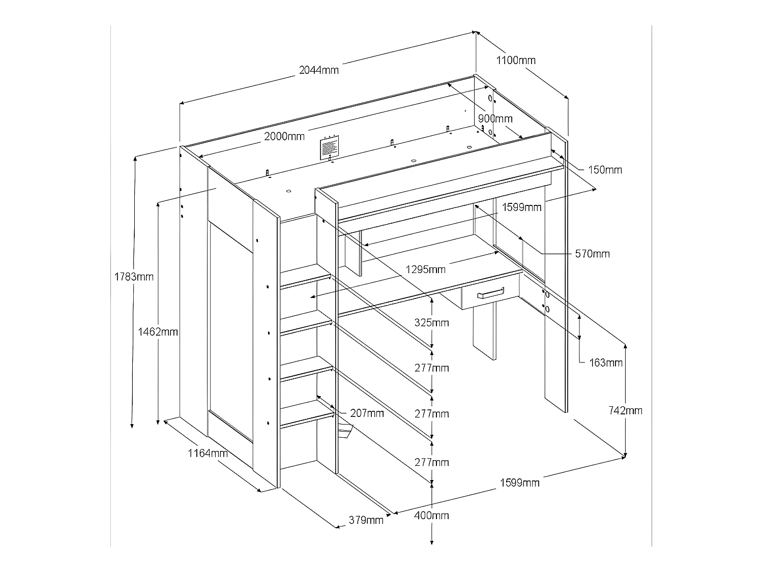 Hoogslaper met bureau en kast - 90x200cm - Naturel en antraciet - AUCKLAND