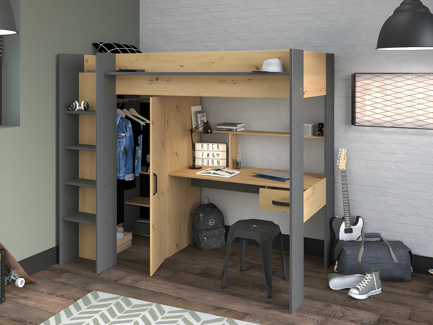 Hoogslaper met bureau en kast - 90x200cm - Naturel en antraciet - AUCKLAND