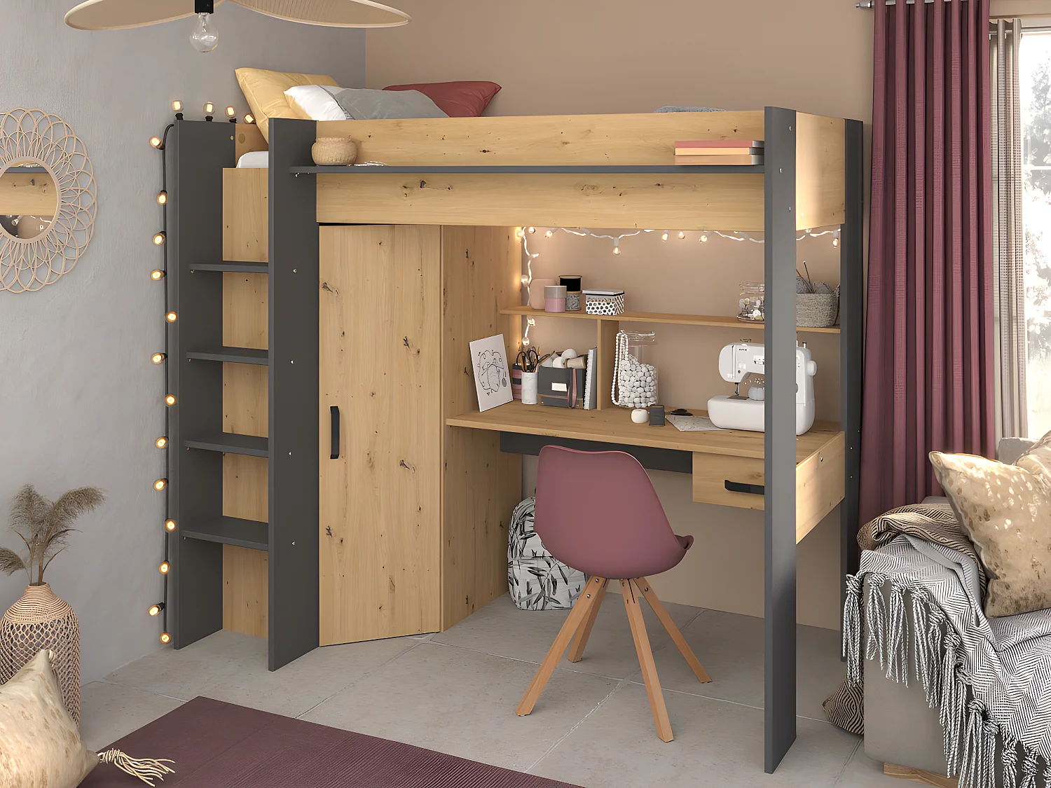 Hoogslaper met bureau en kast - 90x200cm - Naturel en antraciet - AUCKLAND