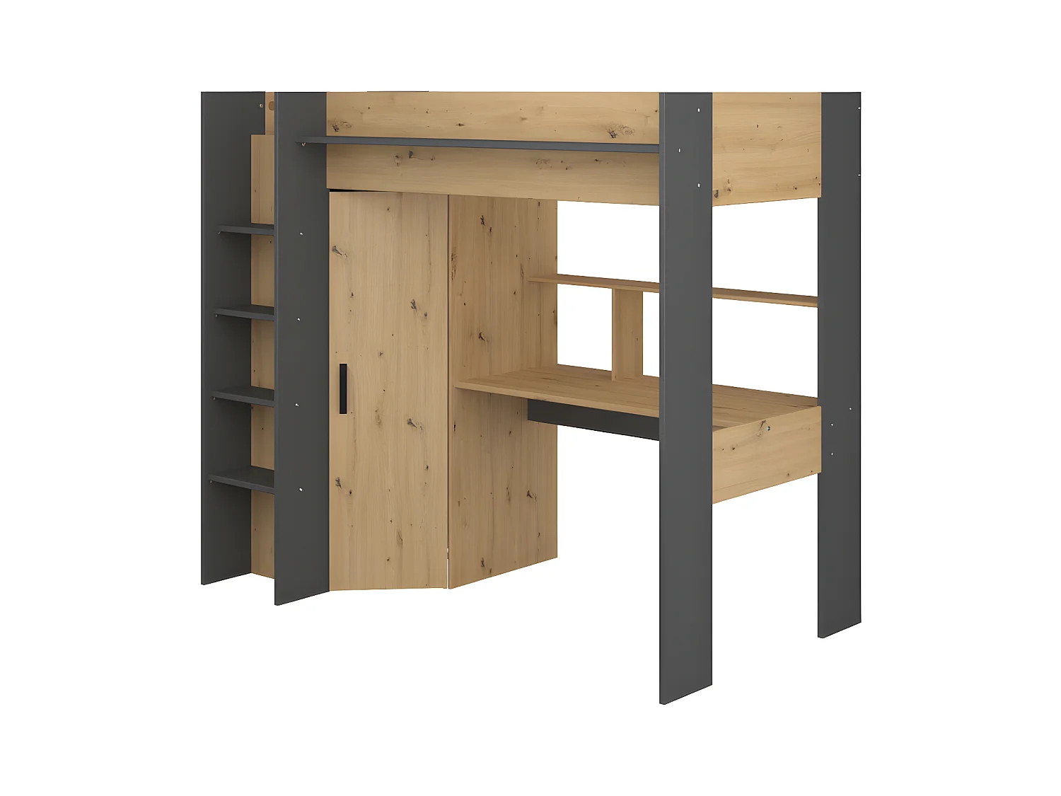 Hoogslaper met bureau en kast - 90x200cm - Naturel en antraciet - AUCKLAND