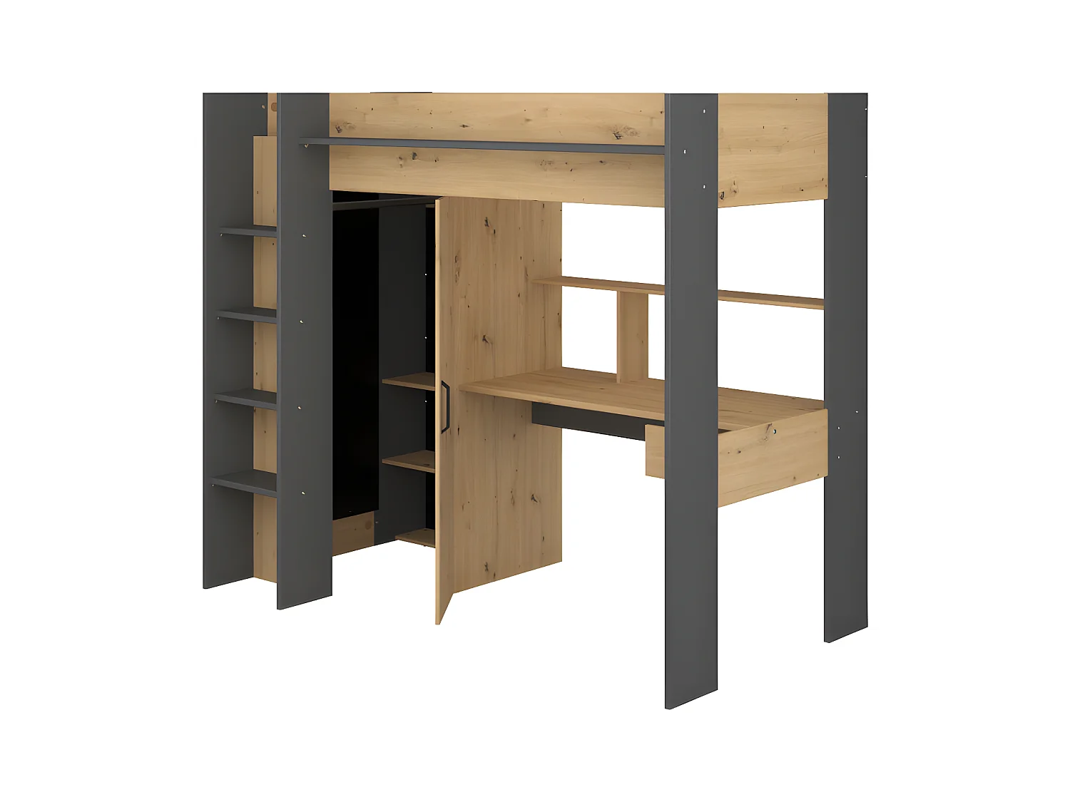 Hoogslaper met bureau en kast - 90x200cm - Naturel en antraciet - AUCKLAND