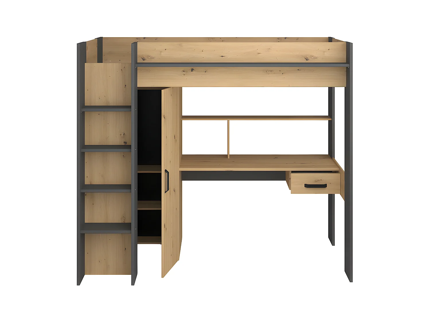 Hoogslaper met bureau en kast - 90x200cm - Naturel en antraciet - AUCKLAND