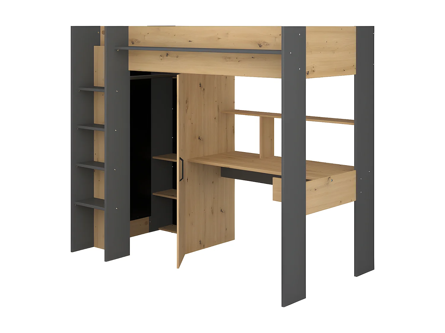 Loftsäng med skrivbord och garderob - 90 x 200 cm - Färg: Natur och antracitgrå - AUCKLAND