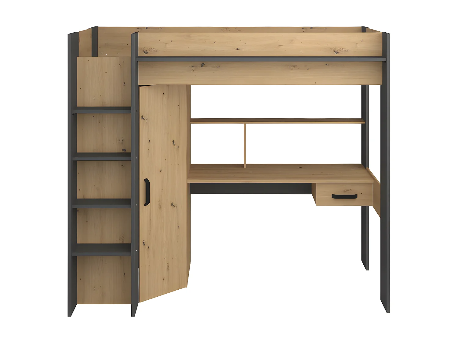 Loftsäng med skrivbord och garderob - 90 x 200 cm - Färg: Natur och antracitgrå - AUCKLAND