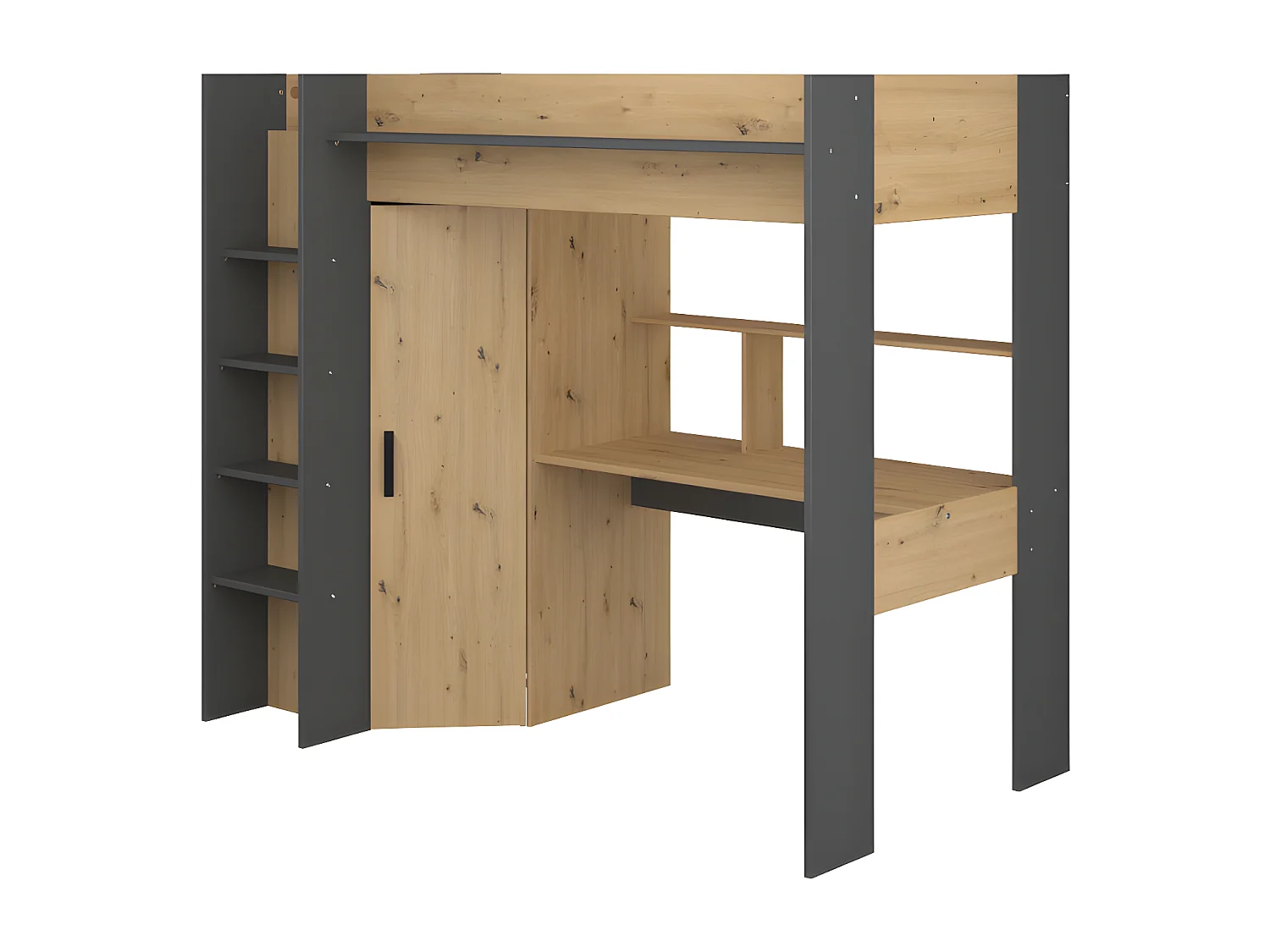 Loftsäng med skrivbord och garderob - 90 x 200 cm - Färg: Natur och antracitgrå - AUCKLAND