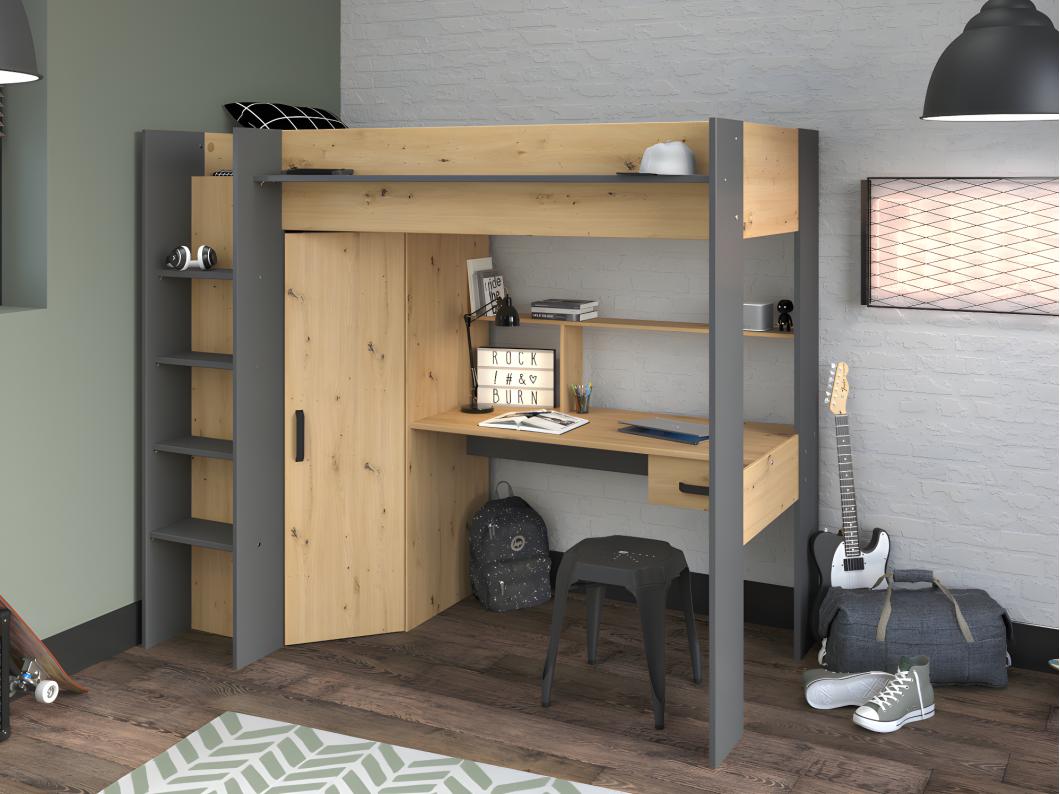 Lit mezzanine avec bureau et armoire - 90 x 200 cm - Coloris : Naturel et anthracite - AUCKLAND