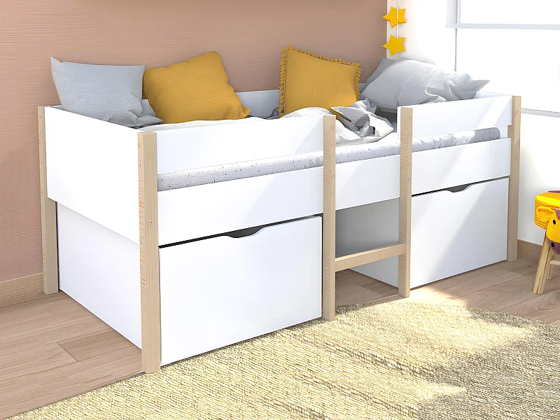 Halfhoogslaper SISSY - 2 laden - 90 x 190 cm - Wit en eiken