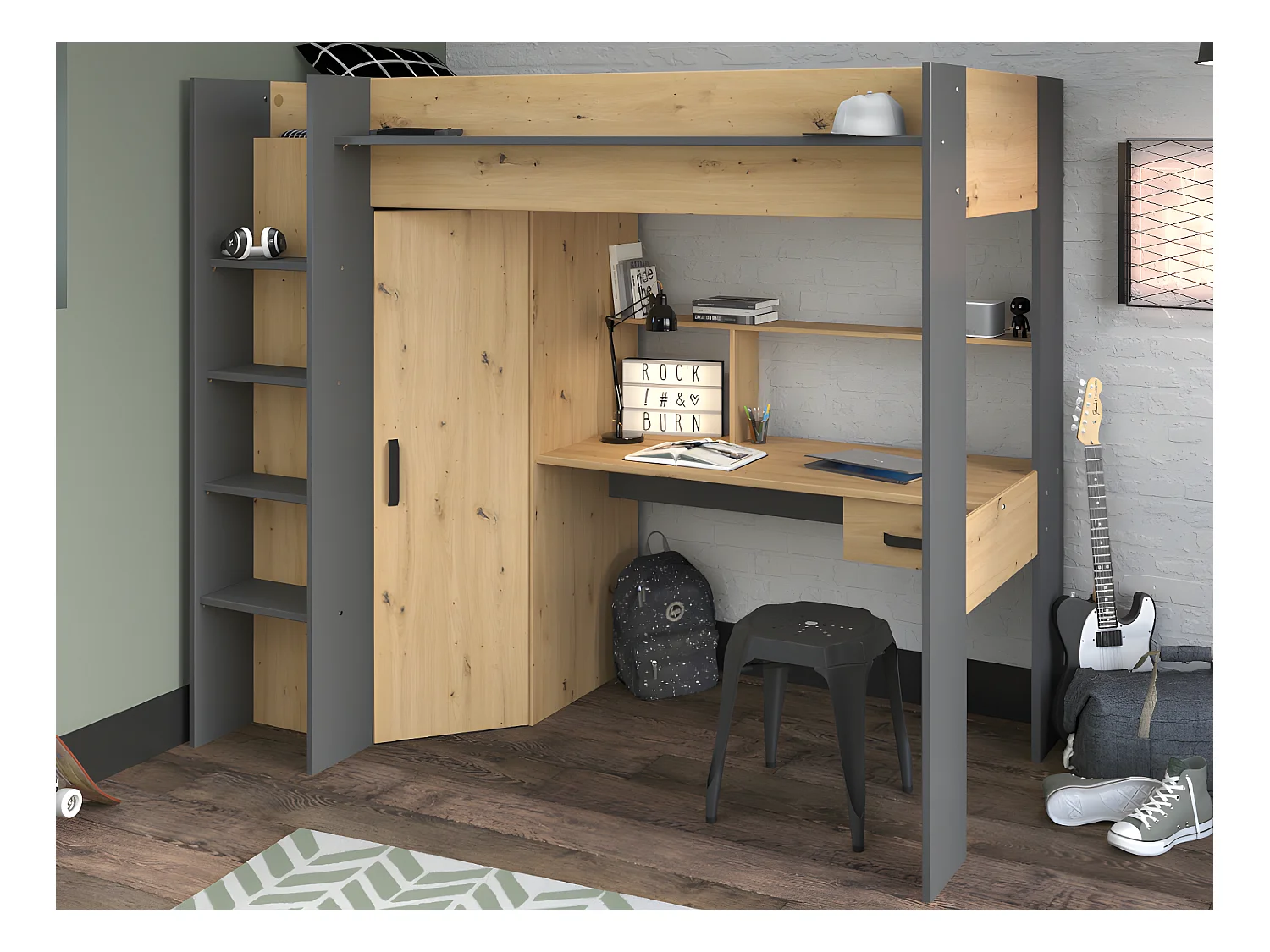 Lit mezzanine avec bureau et armoire - 90 x 200 cm - Coloris : Chêne et anthracite + matelas - AUCKLAND