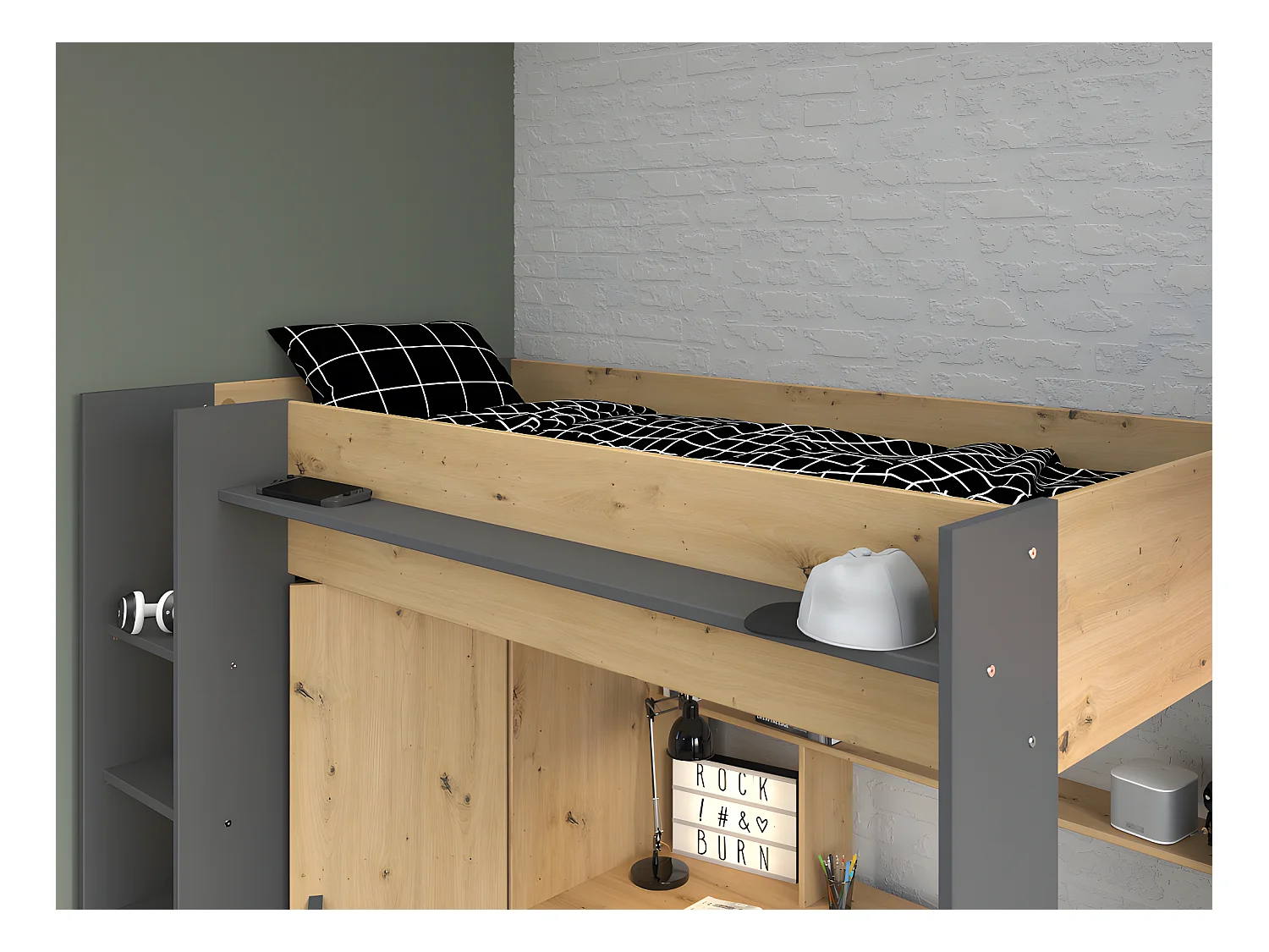 Lit mezzanine avec bureau et armoire - 90 x 200 cm - Coloris : Chêne et anthracite + matelas - AUCKLAND