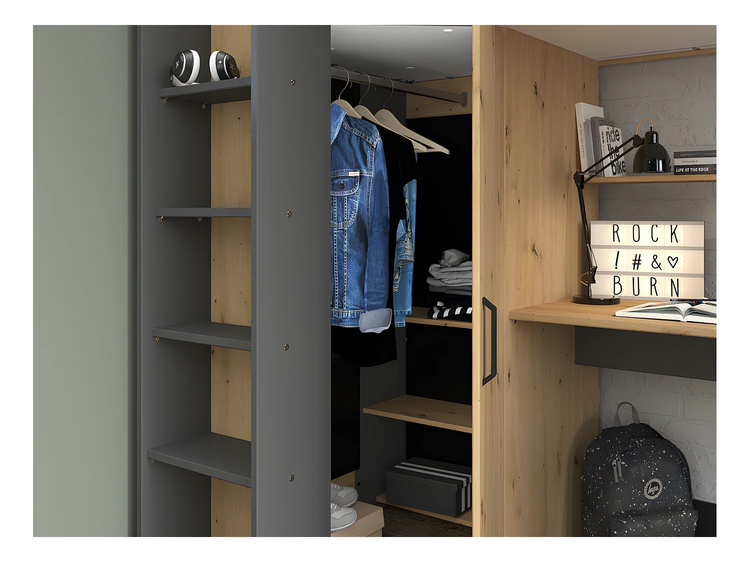 Lit mezzanine avec bureau et armoire - 90 x 200 cm - Coloris : Chêne et anthracite + matelas - AUCKLAND