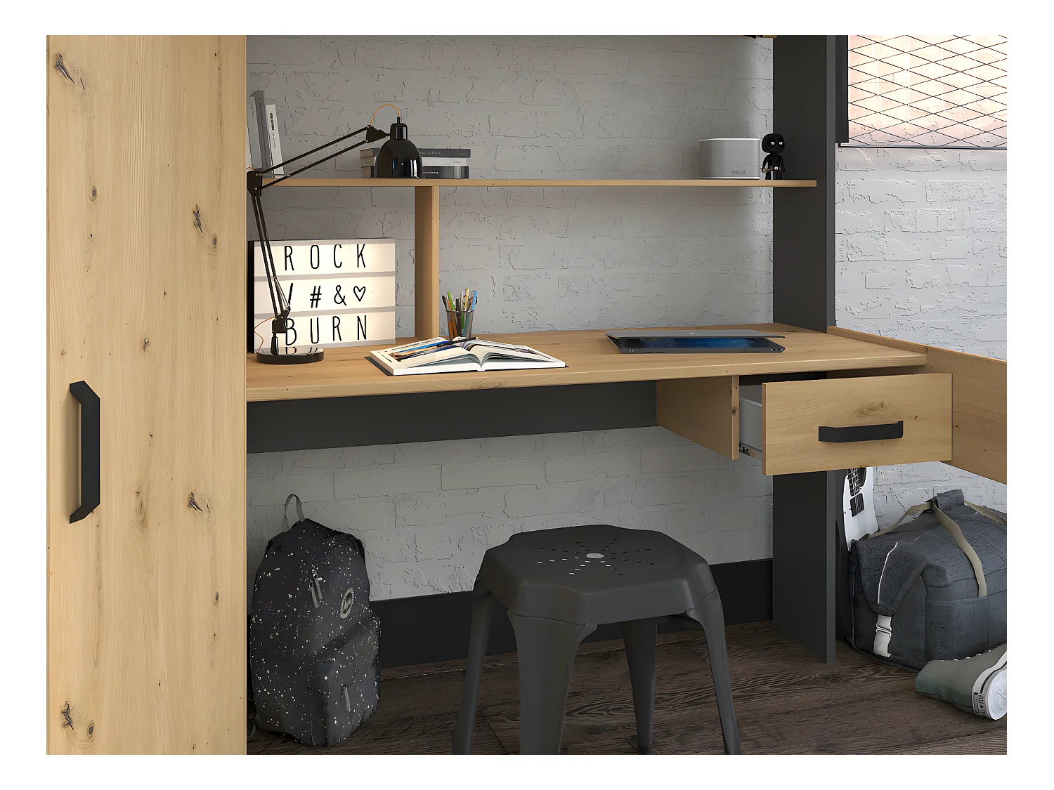 Lit mezzanine avec bureau et armoire - 90 x 200 cm - Coloris : Chêne et anthracite + matelas - AUCKLAND