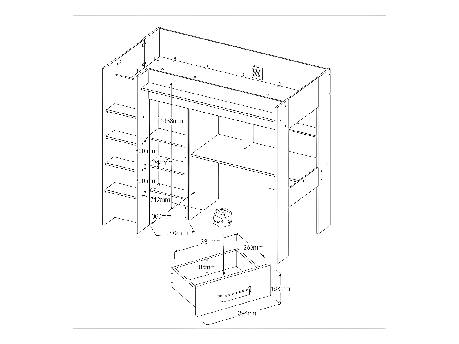 Lit mezzanine avec bureau et armoire - 90 x 200 cm - Coloris : Chêne et anthracite + matelas - AUCKLAND