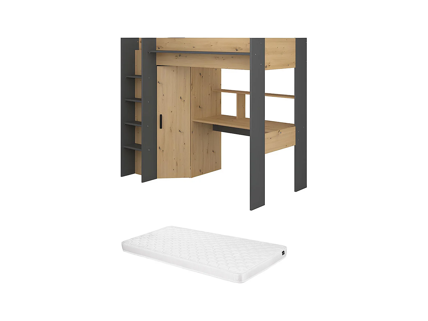 Lit mezzanine avec bureau et armoire - 90 x 200 cm - Coloris : Chêne et anthracite + matelas - AUCKLAND